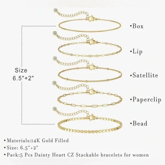 NEW 5pc Gold Bracelets 14K Dainty Gold Plated Stackable Bracelets for Women - Picture 5 of 7